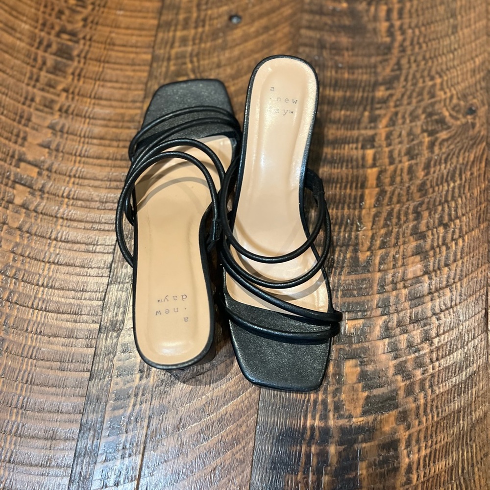 Woman’s size 8.5 sandals. Black with a 2.25 block heel and straps by A New Day.